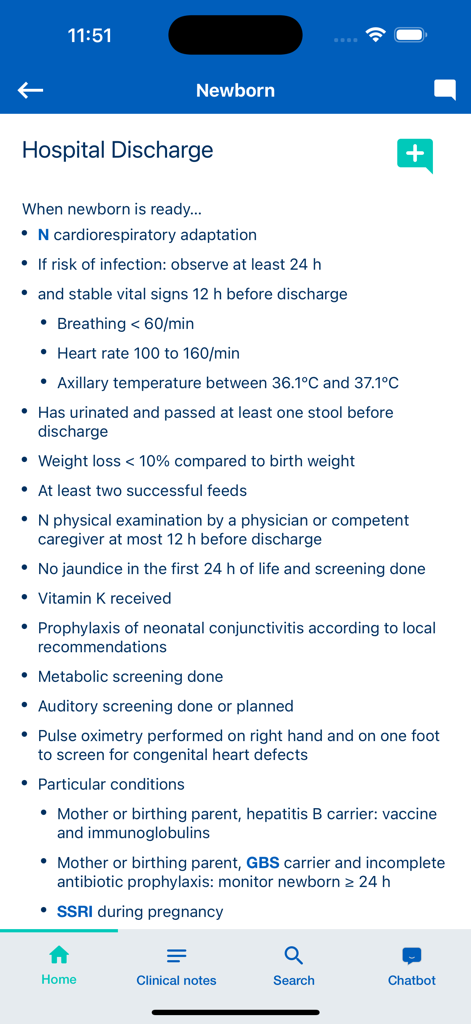 The Perinatal Memo - Clinical checklist for newborn hospital discharge criteria in The Perinatal Memo app
