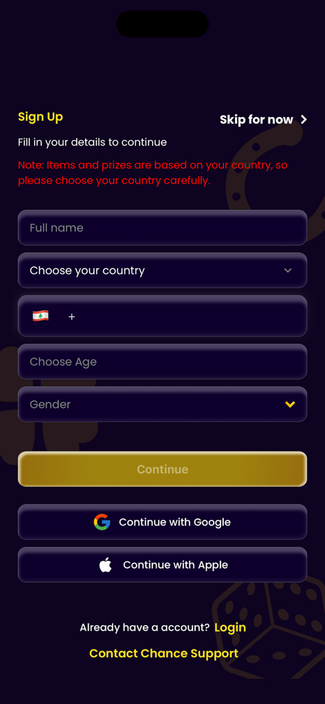 Chance. - Página de registro de la aplicación Chance con campos de registro de usuario y botones de inicio de sesión social