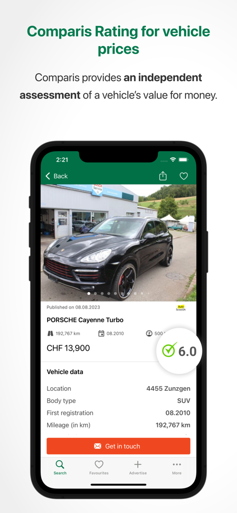 Comparis Car Marketplace app screen showing a used Porsche Cayenne listing with a 6.0 independent price rating