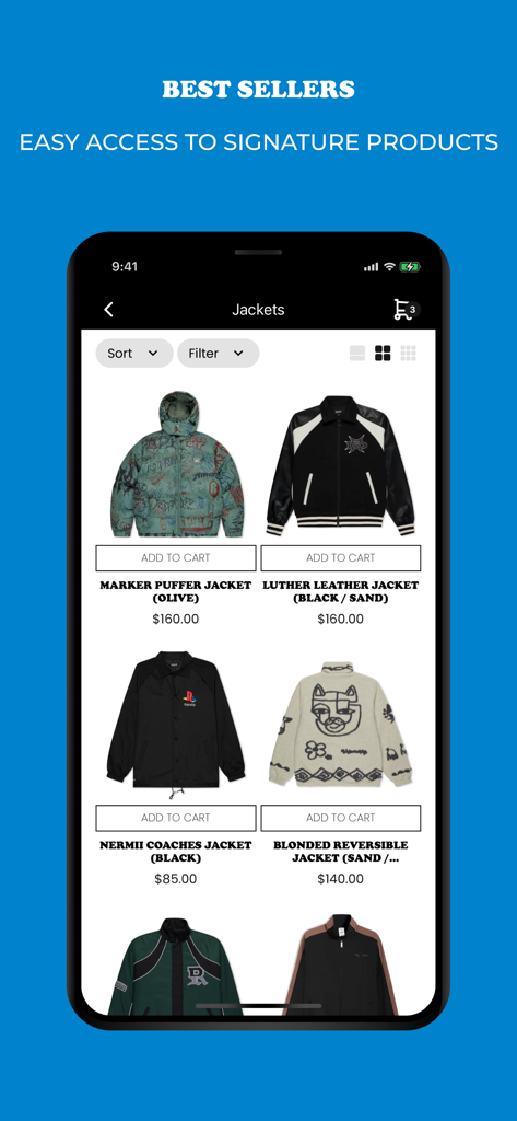 RIPNDIP - A mobile interface of the RIPNDIP app showing a grid of best-selling streetwear jackets with prices and add to cart buttons.