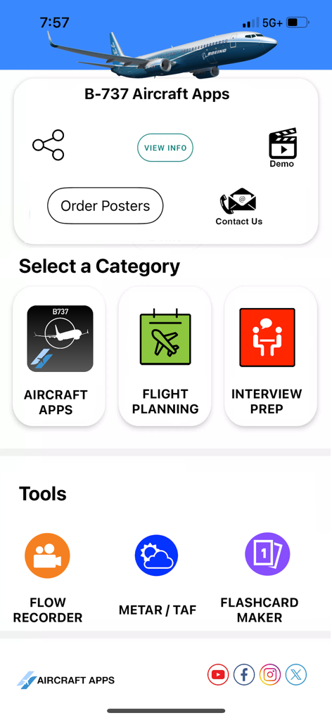 iBOEING B-737 Aircraft Apps - Main screen of the iBOEING B-737 Aircraft App showing categories for flight planning interview prep and pilot tools
