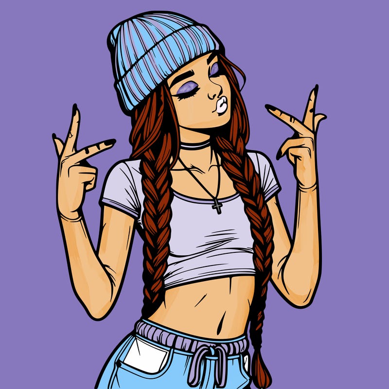 realistic teenage girl with braids and a beanie and crop top doing 🫶🏼