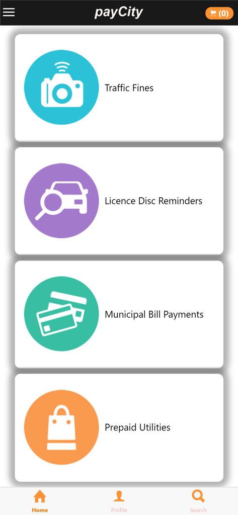 payCity - Der Startbildschirm der payCity App mit den Hauptdienstleistungsoptionen für Verkehrsdelikte, Erinnerungen an Zulassungen und Zahlungen für Versorgungsleistungen.