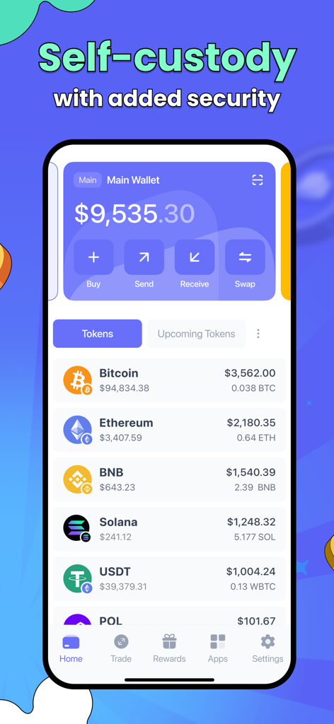 Interface de l'application mobile Meilleure Wallet montrant un portefeuille crypto multi-chaînes avec les soldes de Bitcoin, Ethereum, BNB et Solana.