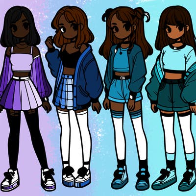 one girl with crop-top shirt and a jacket with a skirt, long socks and another girl with a shirt and pants with a jacket