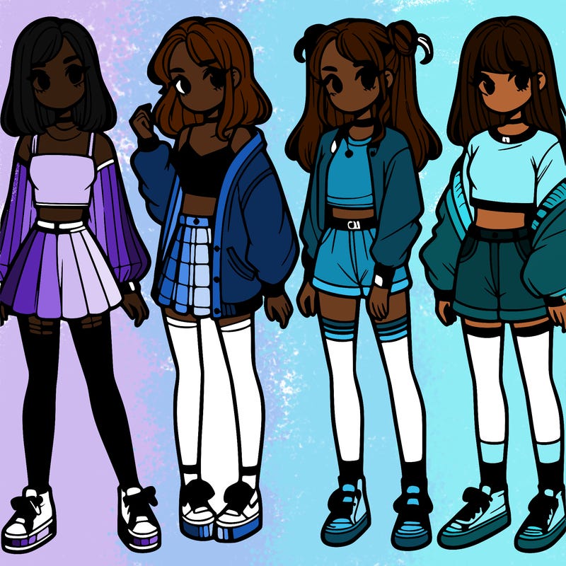 one girl with crop-top shirt and a jacket with a skirt, long socks and another girl with a shirt and pants with a jacket