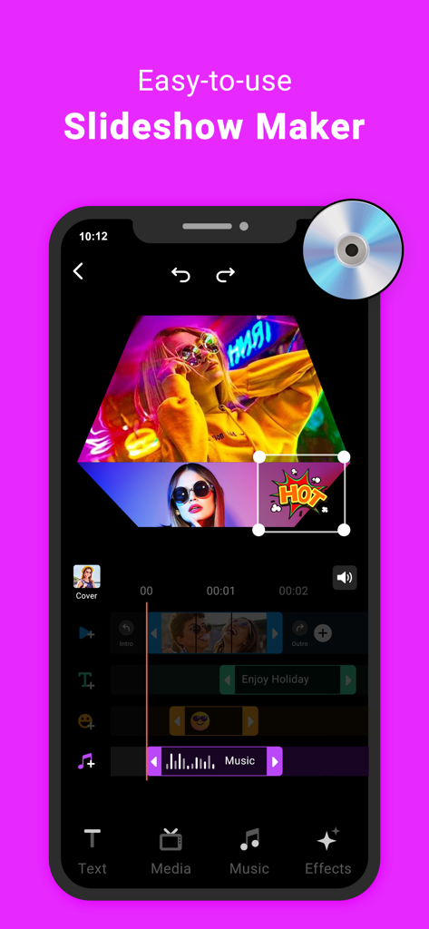 Video Editor & Maker -VidMaker - Interfaz de la aplicación VidMaker mostrando el creador de presentaciones de diapositivas fácil de usar con funciones de collage de fotos y línea de tiempo de música