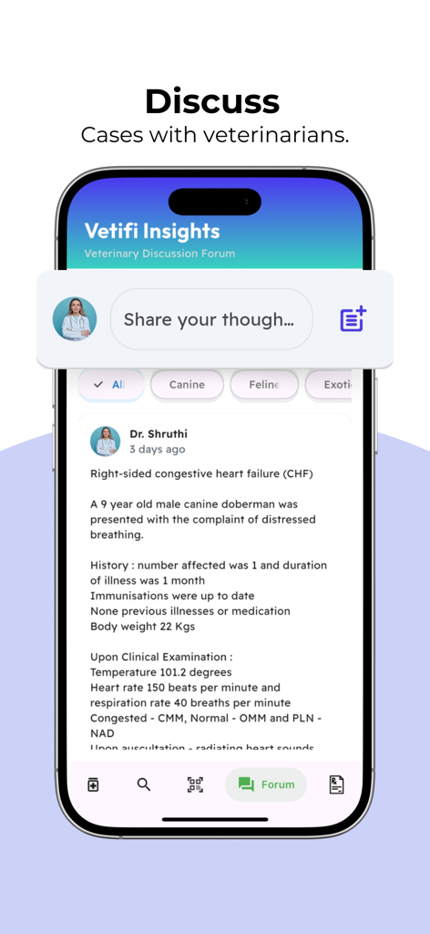 Vetifi - Vetifi mobile app screen showing a veterinary discussion forum with a clinical case post about heart failure in a dog