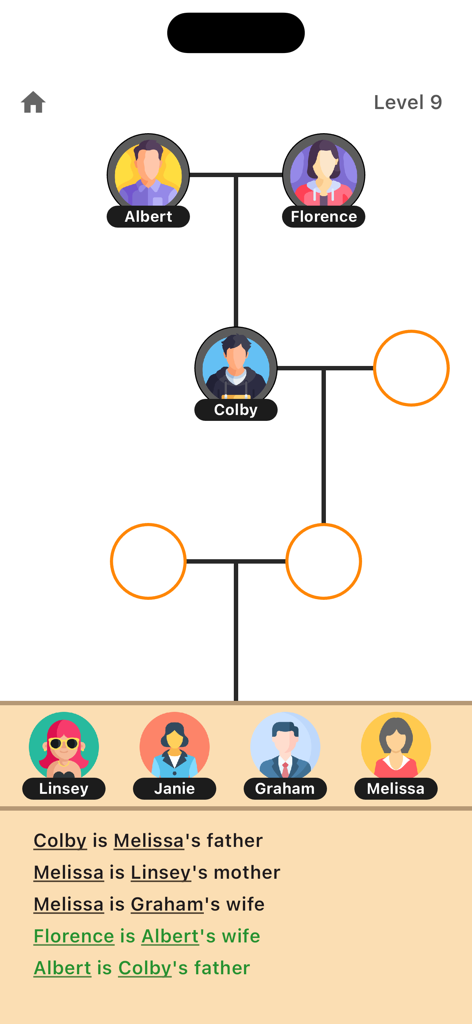Family Tree - Logic Game - A family tree logic puzzle screen showing character avatars and genealogical clues.