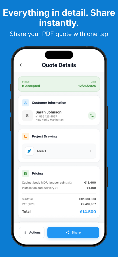 Measure Book - Measure Book アプリインターフェイス。価格と顧客の詳細が表示された承認済み見積もりを示します。