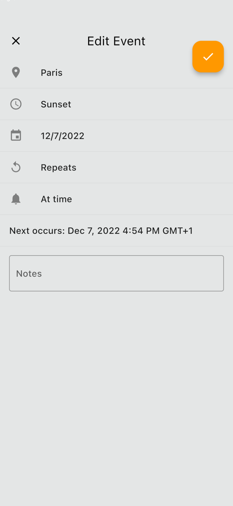 Sun Position Sunrise & Sunset - Interface for editing a sunset event in the Sun Position app for Paris with date and notification settings