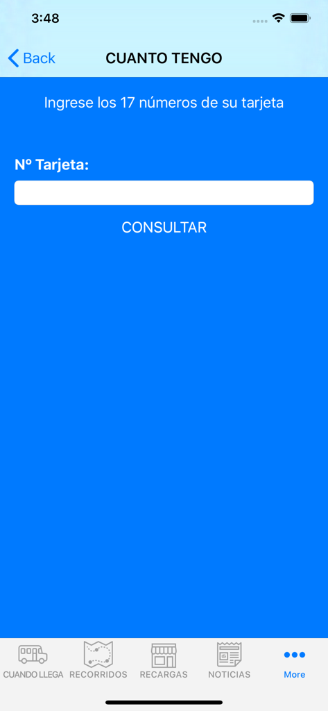 Interface of the MOVI Rosario app for checking the balance of a public transport card