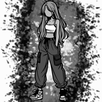 girl in baggy pants crop top and long hair