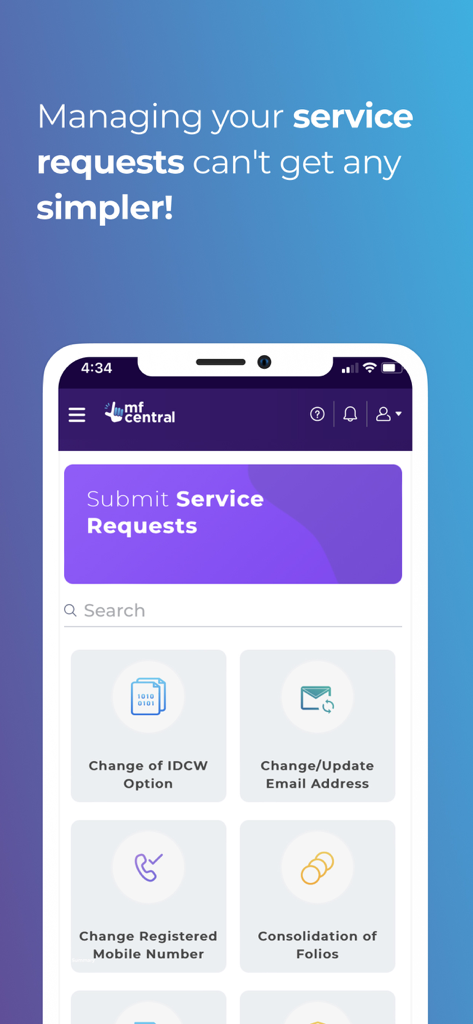 MFCentral app screen showing various service request options like updating email address and consolidating folios.