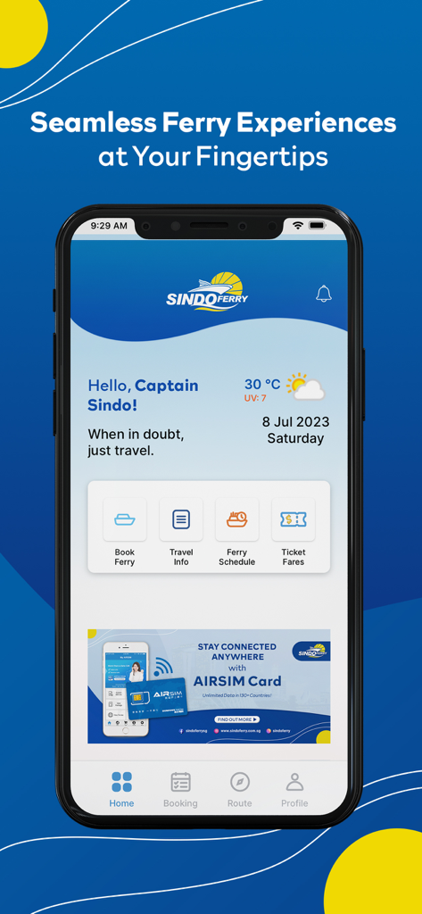 Sindo Ferry - Sindo Ferry mobile app home screen showing booking and travel information options