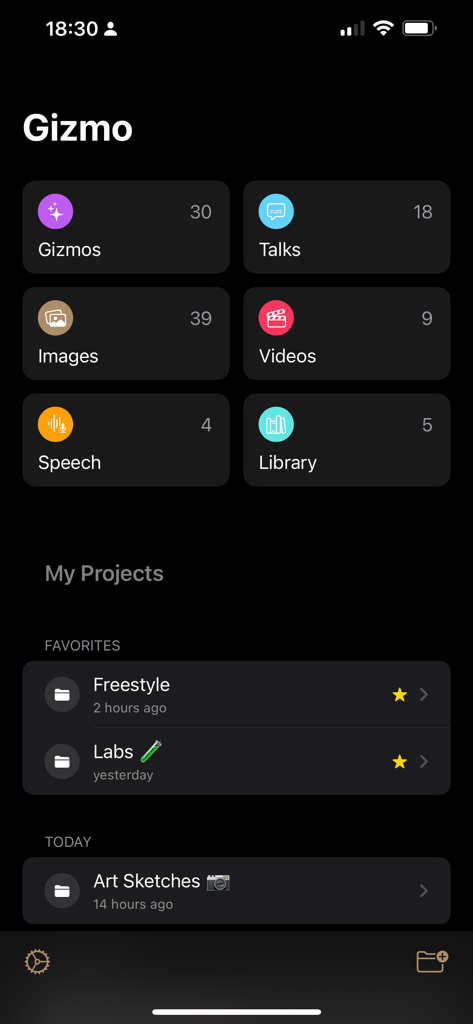 El panel principal de la aplicación Gizmo Evo mostrando iconos para Gizmos Talks Imágenes Videos y Mis Proyectos en modo oscuro