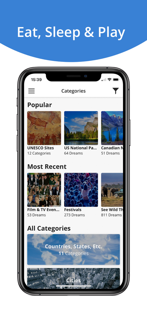 Tripbucket Mobile App - Schermata delle categorie dell'app mobile TripBucket che mostra destinazioni di viaggio popolari e festival locali
