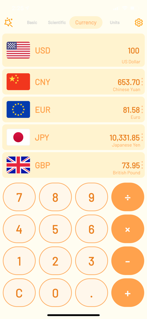Interfaz del convertidor de divisas en la aplicación Super Calculator mostrando tipos de cambio para USD, CNY, EUR, JPY y GBP