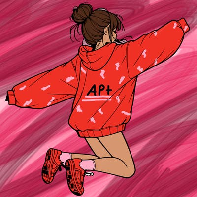 realistic girl jumping with a bun and oversized sweatshirt