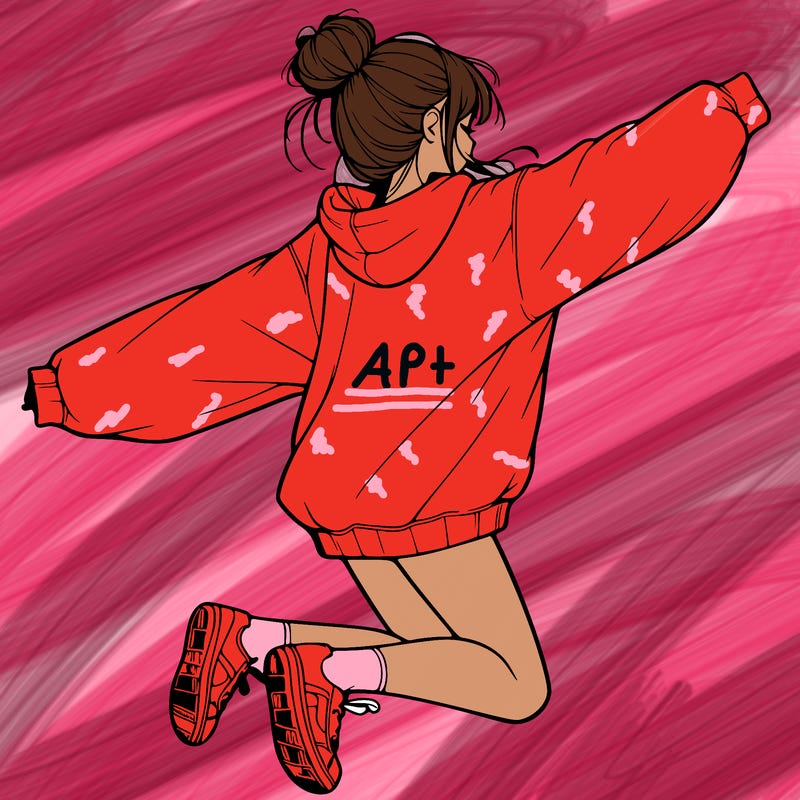 realistic girl jumping with a bun and oversized sweatshirt