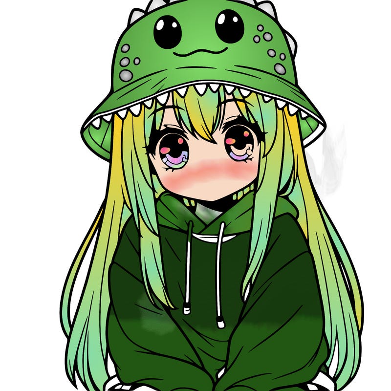 girl with anime shaped eyes with a dinosaur bucket hat oversized sweatshirt long straight hair