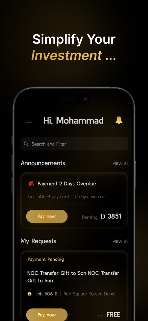 Tiger Plus mobile app dashboard showing property investment alerts and payment tracking for landlords and tenants.