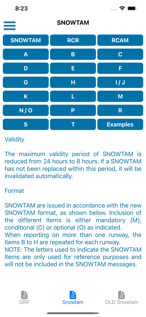 Snowtam decoder interface showing runway condition reporting items and validity rules