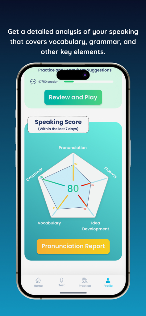 Captura de pantalla de la aplicación 7ESL AI que muestra un análisis detallado de la puntuación de habla en inglés con un gráfico de pentágono que evalúa la pronunciación, fluidez, gramática y vocabulario.