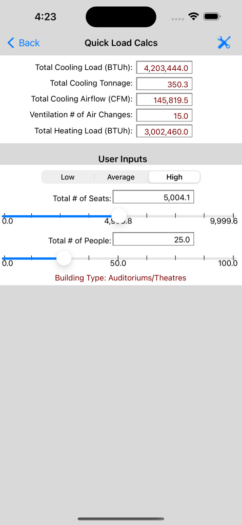 HVAC Quick Load app interface displaying cooling and heating load calculation results for a theater