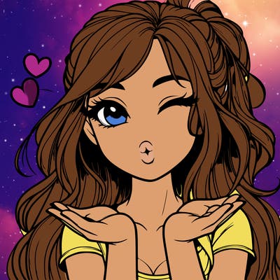 realistic girl winking and blowing a kiss while making heart hands