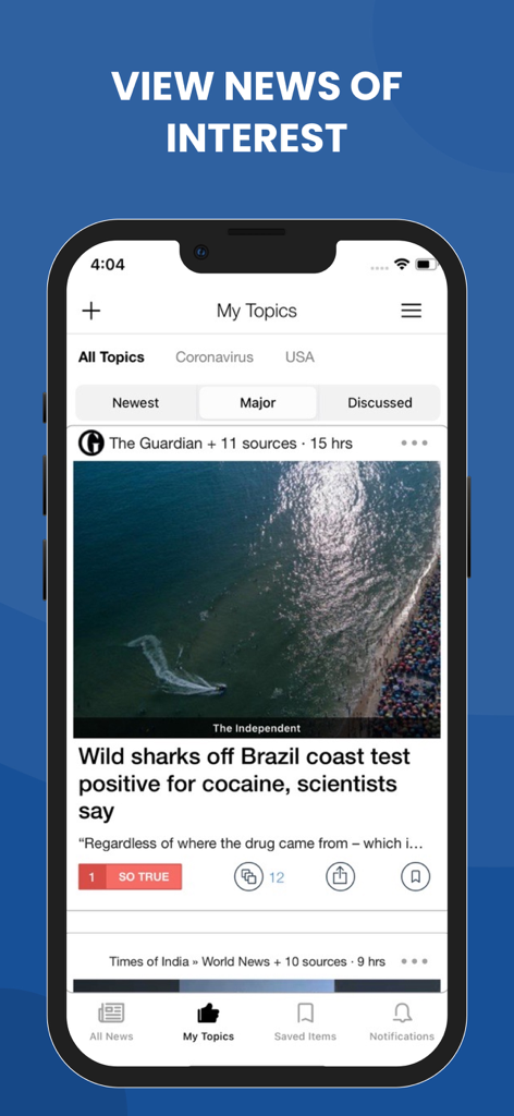 주요 글로벌 헤드라인의 개인화된 뉴스 피드를 보여주는 세계 뉴스 앱 인터페이스.