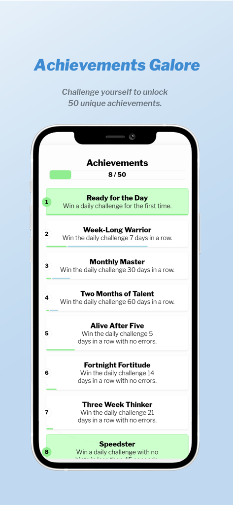 Pantalla de logros para el juego de palabras Consonance que muestra varios objetivos de progreso
