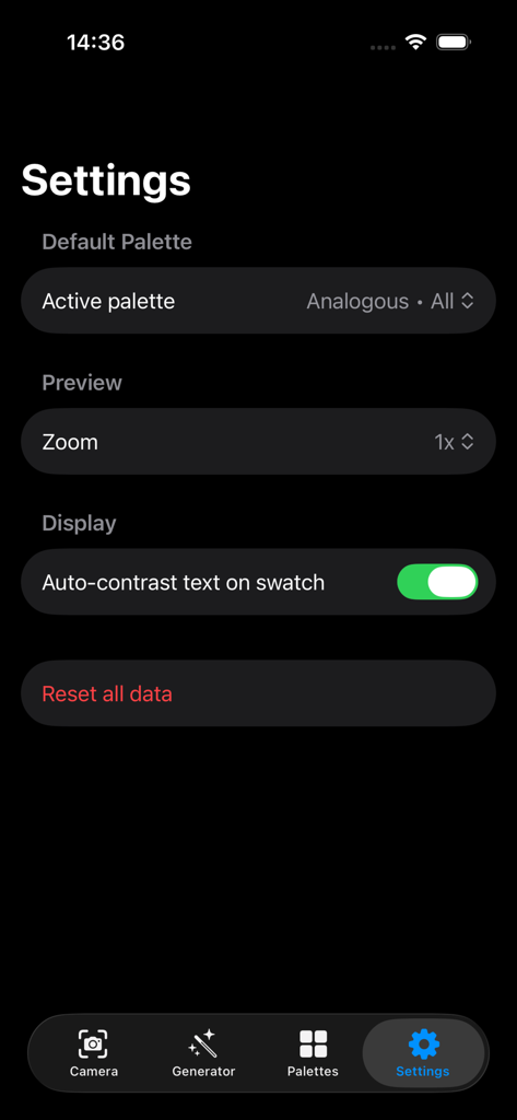 Chroma Lens Studio - Tela de configurações do aplicativo Chroma Lens Studio mostrando preferências de paleta de cores e exibição