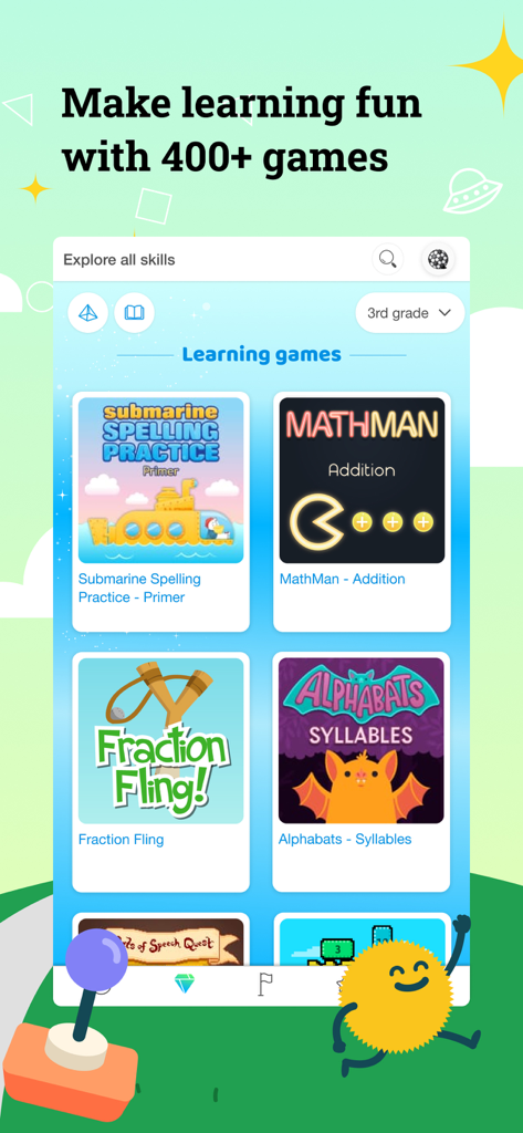 IXL app interface displaying various educational games for 3rd grade students including math and spelling
