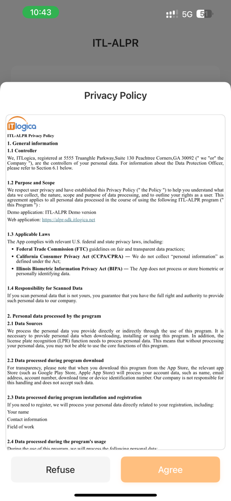 ITL-ALPR - Privacy policy agreement screen of the ITL-ALPR mobile application with refuse and agree options