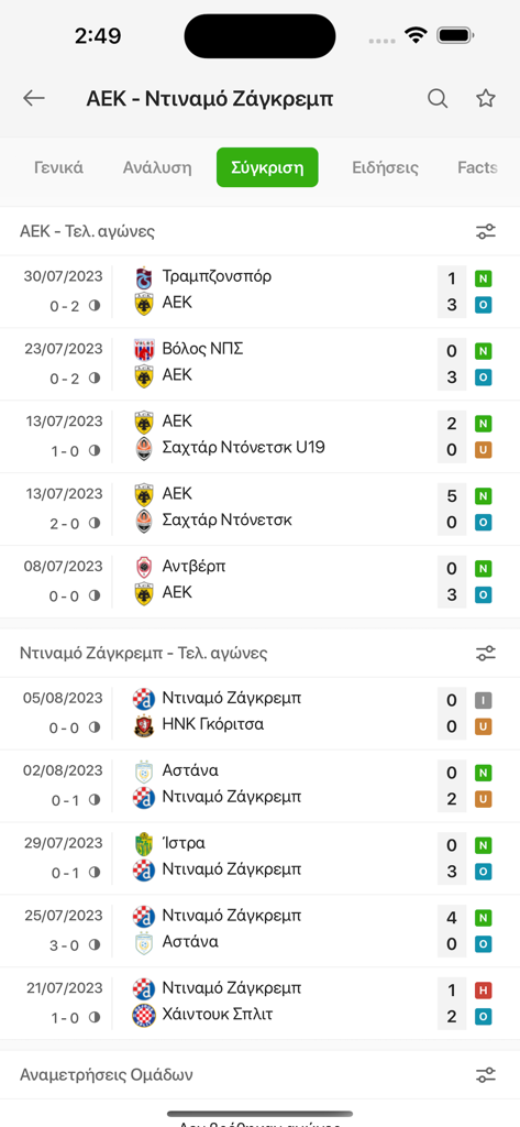 La aplicación de deportes griegos Agones mostrando una comparación cara a cara de resultados de partidos de fútbol