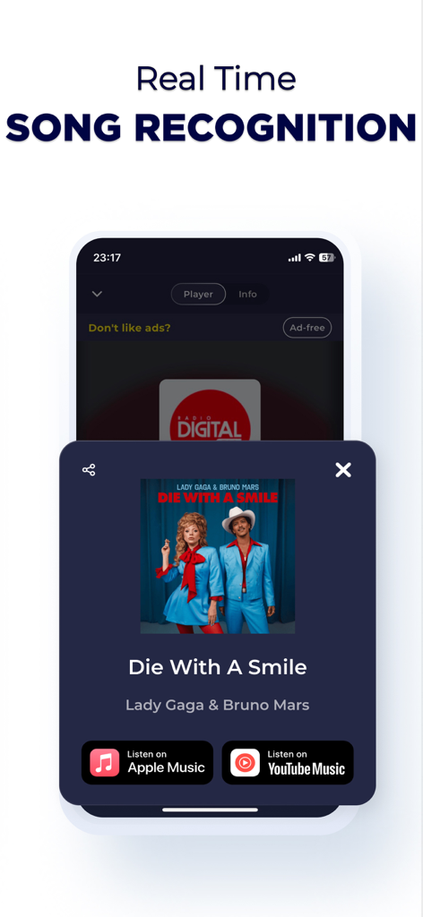Radio Chile Live FM AM Online - App interface for real time song recognition with links to streaming services