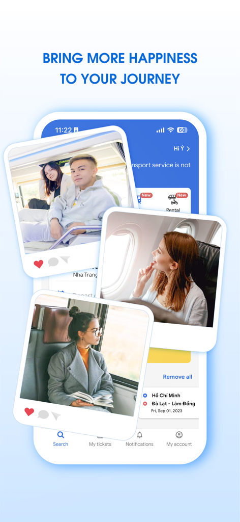 Vexere app promotional screen showing bus flight and train booking options with photos of happy travelers