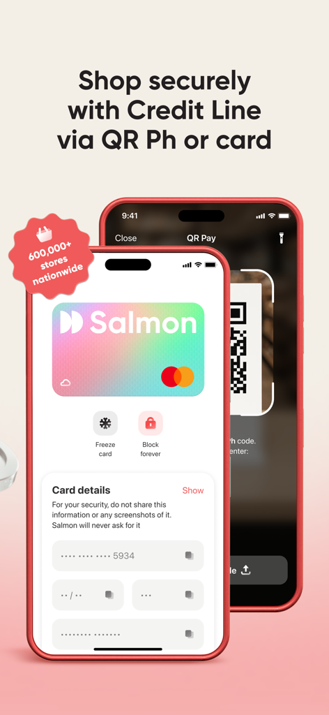 Salmon app interface showing a virtual credit card and QR code payment screen for secure shopping in the Philippines.