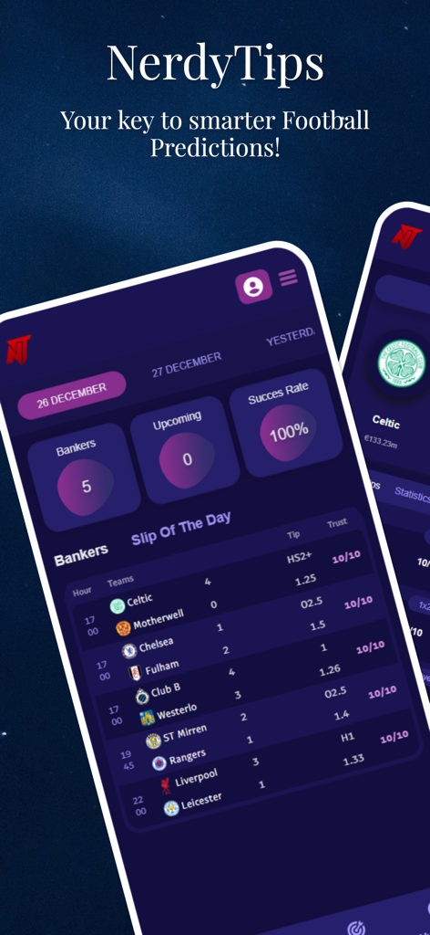 NerdyTips - AI Betting Picks - NerdyTips mobile app interface showing AI-driven football predictions and daily betting slips.