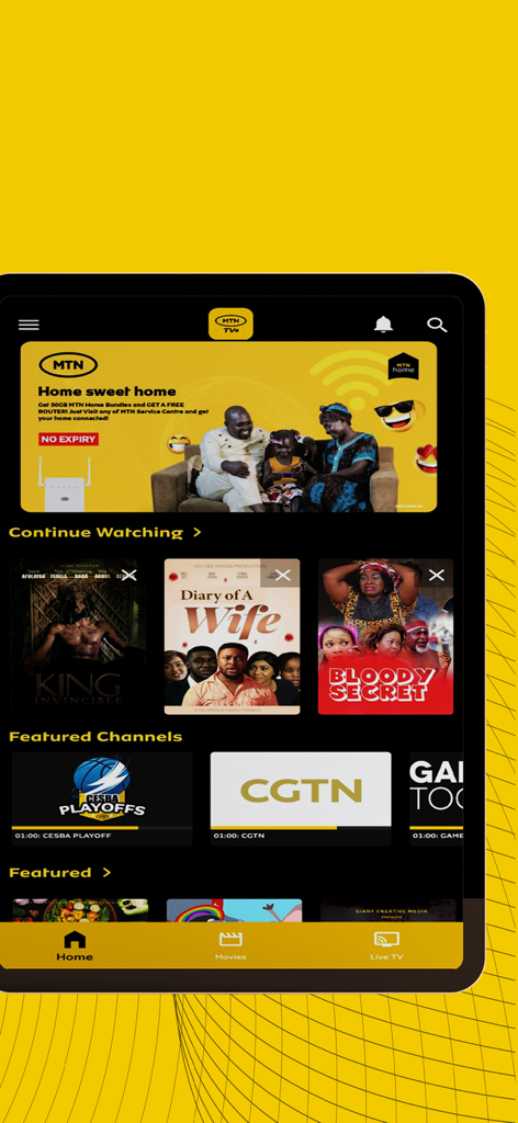 MTN TV+ - 영화와 추천 라이브 TV 채널을 보여주는 MTN TV 플러스 모바일 앱 대시보드