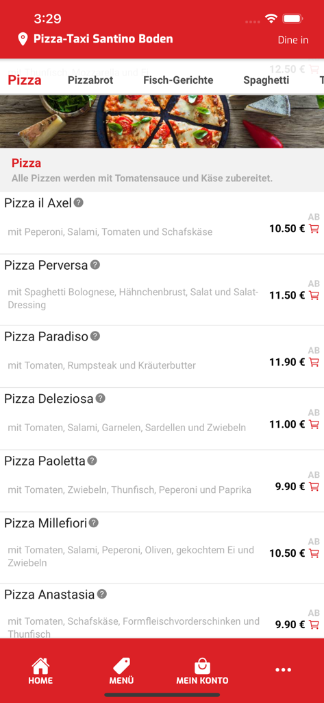 Pizza Taxi Santino Boden - Menu screen of the Pizza Taxi Santino Boden app showing a list of Italian pizzas with prices