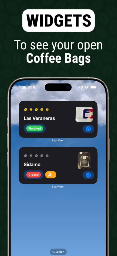 Coffee Bean Tracker - Vault - iPhone home screen displaying interactive widgets for tracking coffee beans and bag status in the Beanvault app.