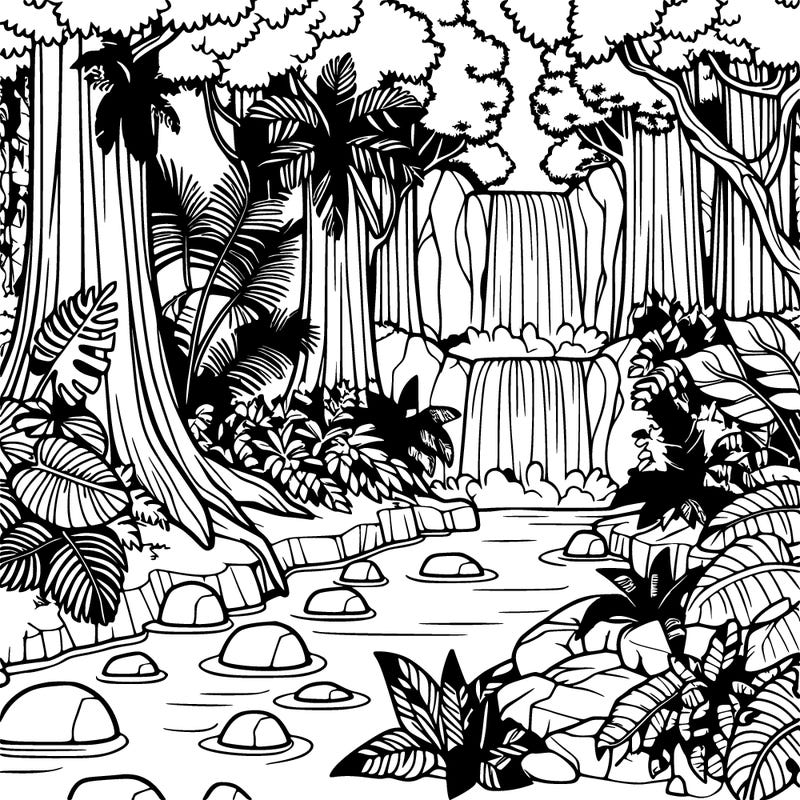 rainforest with exotic plants, waterfall