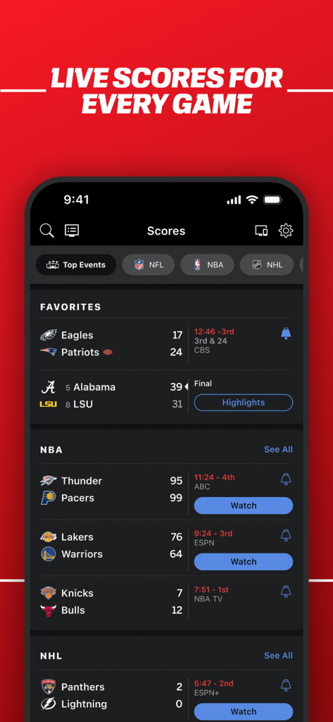 ESPN mobile app screen showing live scores and updates for NFL, NBA, and NHL games