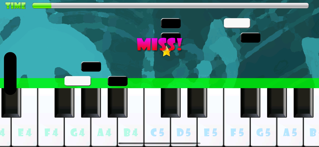 Captura de tela do gameplay do Piano Master FREE mostrando notas musicais caindo e um teclado virtual