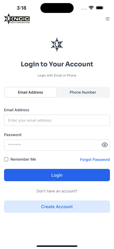 NCIC Mobile Video Visitation app login screen featuring options to log in via email or phone and a create account button