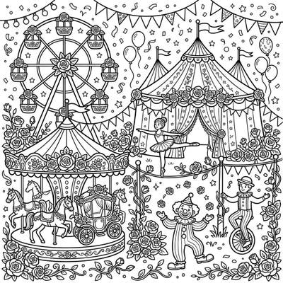 Dive into a unique celebration where the charm of miniature roses meets the excitement of a vibrant carnival. This delightful coloring page invites you to bring a world of festive fun and delicate blooms to life with your favorite colors.