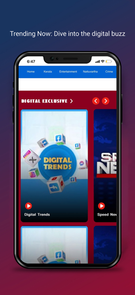 Manorama News - Interface do aplicativo Manorama News em um smartphone destacando tendências digitais e speed news.