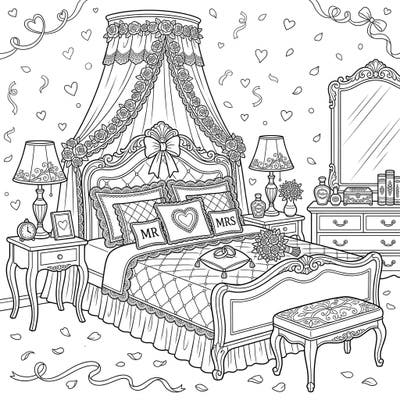 Imagine your perfect wedding night with this exquisite bedroom furniture coloring page, bursting with romantic details. Featuring a grand canopy bed, elegant dresser, and charming wedding accents, it's ideal for a relaxing coloring escape.